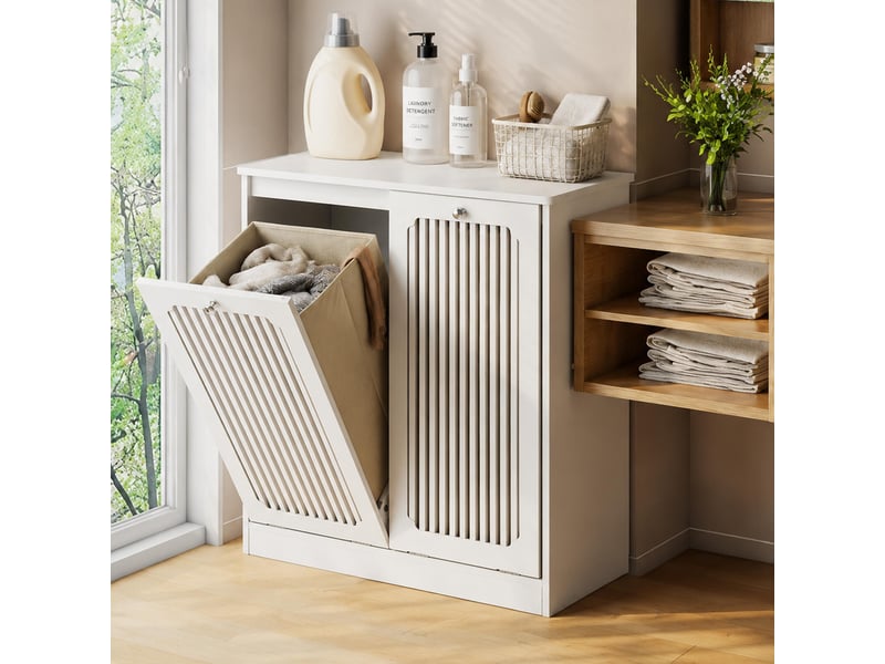 Meuble de salle de bain - 66x35x76cm - panier à linge double bacs tissu portes persiennes basculantes - blanc - Conforama B