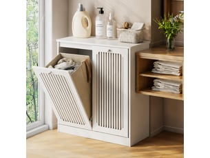 Meuble de salle de bain - 66x35x76cm - panier à linge double bacs tissu portes persiennes basculantes - blanc