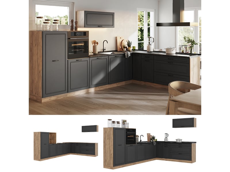  Vicco cuisine en angle, anthracite campagnechêne doré, 327 x cm plan de travail anthracite  - Conforama D