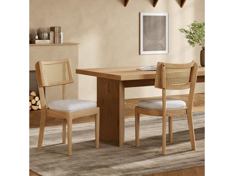  Chaises de salle à manger lot de 2 avec dossier en rotin  - assise rembourrée en lin, bois massif - bois  - Conforama B