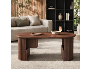 Table basse ovale avec niches et rangements ouverts, finition noyer texturée, pour salon, en mdf, 105 × 50 × 46,5 cm