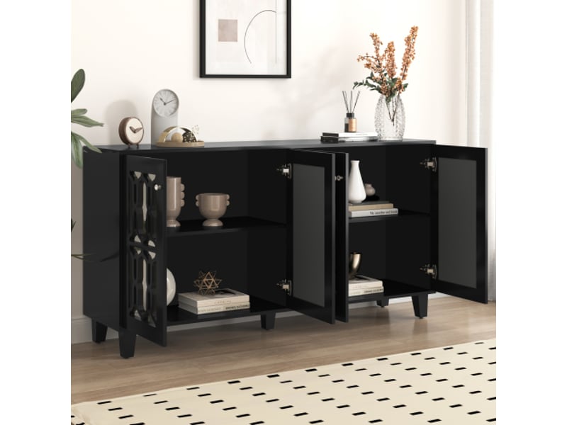  Buffet miroir 160x40x84cm, avec poignées en cristal froid, 4 portes, avec étagères réglable, mdf noir  - Conforama C