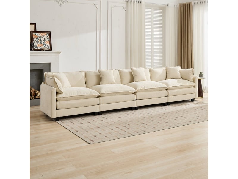 Canapé cloud 4 places moderne en tissu chenille beige double coussin rembourré - Conforama B