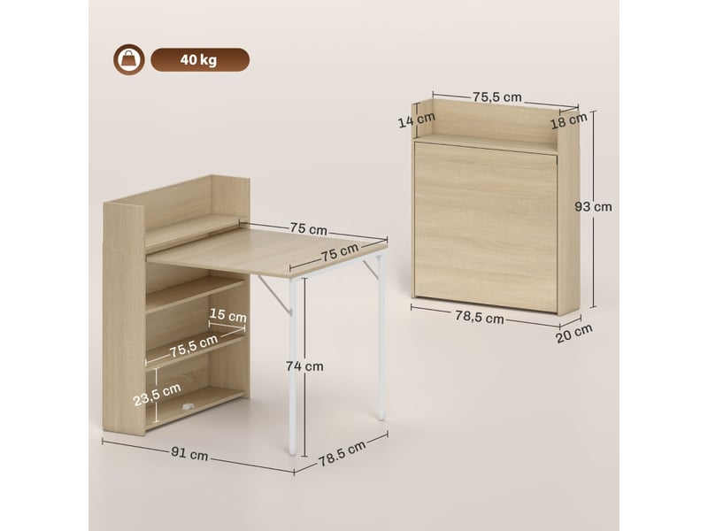 Table extensible avec 3 étagères et plateau rabattable, style industriel, pour cuisine et salle à manger, chêne - Conforama D