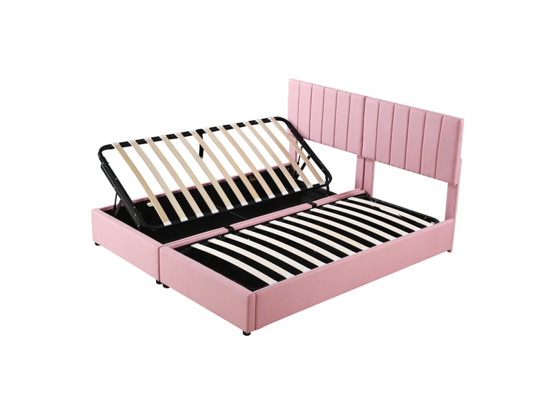 Lit coffre 180x200 cm, coffre de rangement hydraulique et tête de lit réglable, en tissu, rose, sans matelas - Conforama A