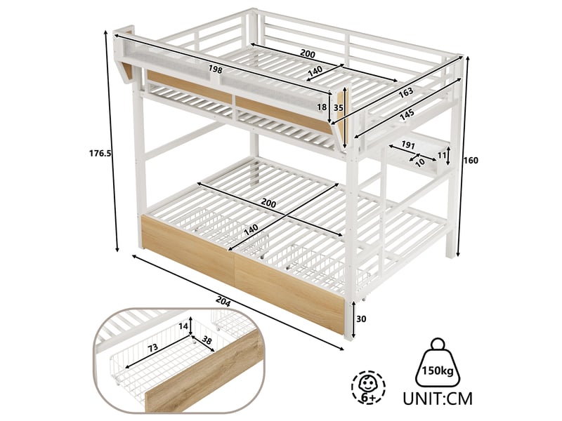  Lit superposé 140 x 200 cm en métal blanc avec 2 tiroirs, étagère, panier de rangement et éclairage led intégré  - Conforama C