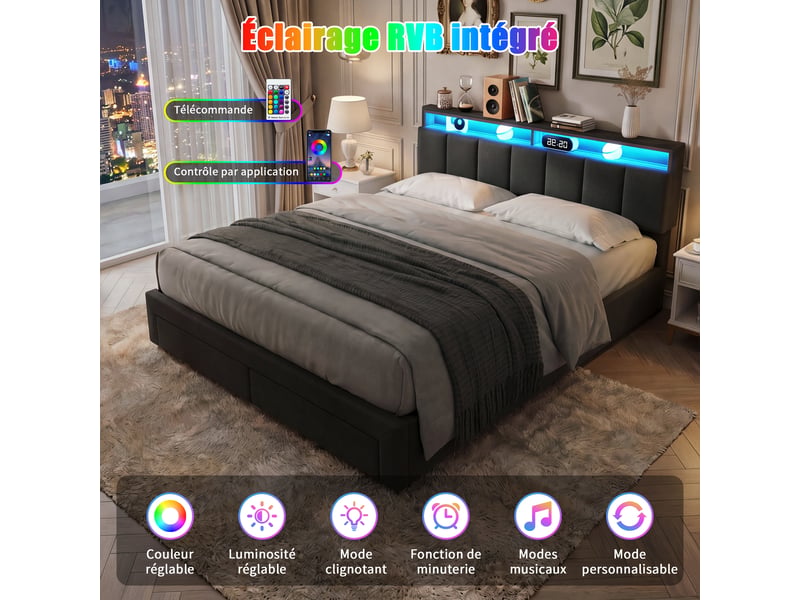  Lit 140x190cm avec rangement hydraulique et 2 tiroirs, lit double capitonnée avec éclairage led, lit coffre140x190 avec tête rembourré et sommier à lattes, lin  - Conforama D