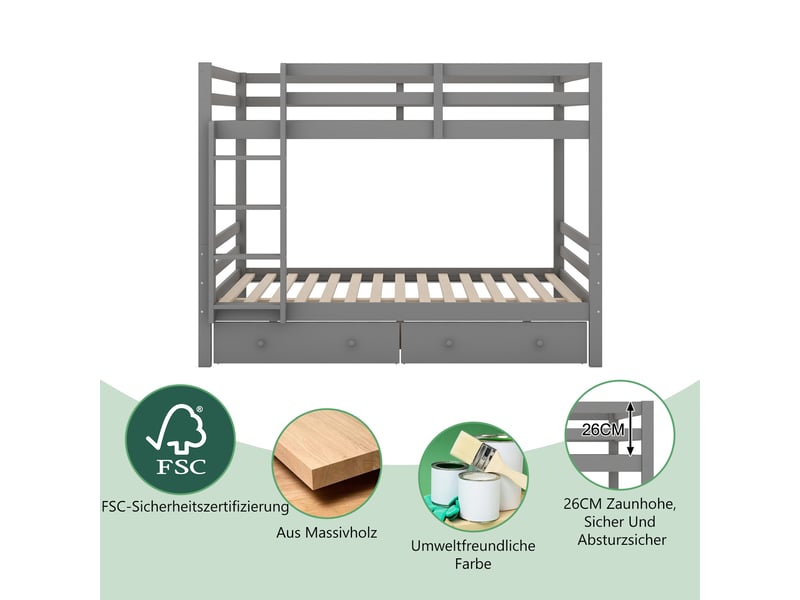  Lit superposé 140x200 en bois massif avec barrières de sécurité, lit enfant avec tiroirs et espace de rangement, lit superposé gris.  - Conforama W