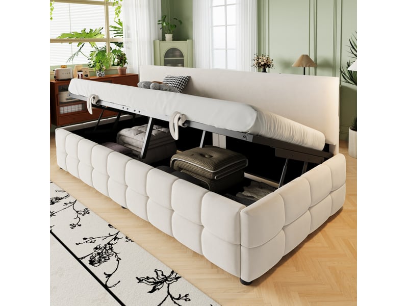  Lit coffre 90x200 cm, beige, mdf, levage hydraulique, dossier sans accoudoirs, sans matelas  - Conforama B