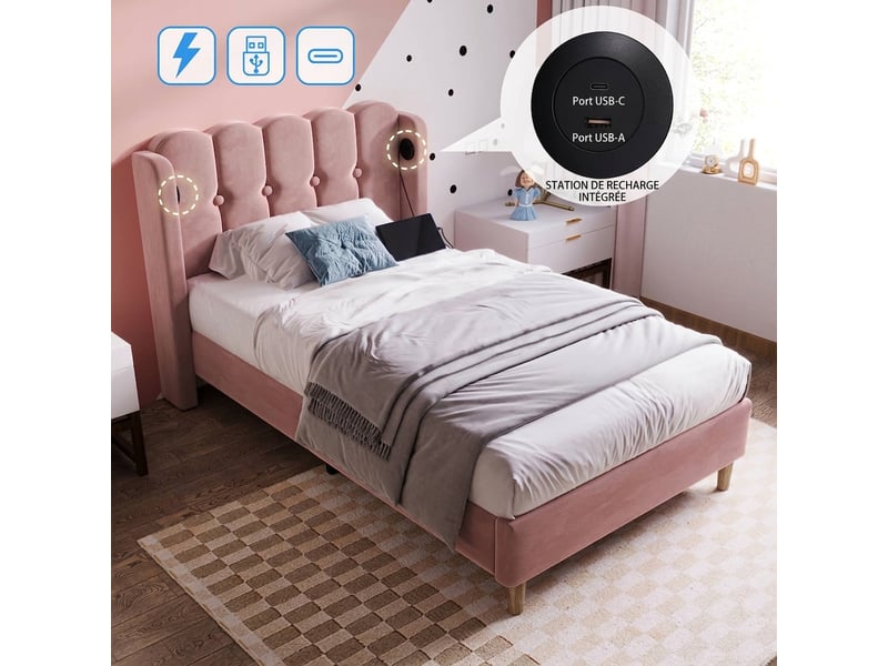 Lit simple 90x200 avec port usb c, lit capitonné rose en velours avec sommier à lattes - Conforama B