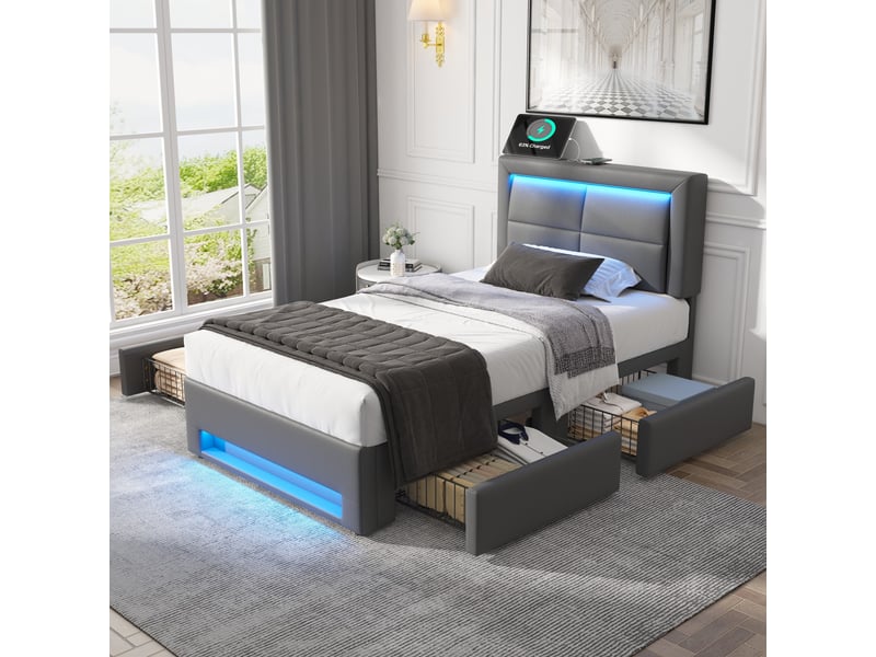  Lit capitonné 90x190 cm gris avec port usb, led et quatre tiroirs de rangement  - Conforama D