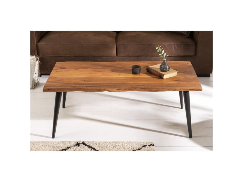 Table basse nera 110 cm en bois massif d'acacia avec pieds métal noir – style industriel - Conforama D
