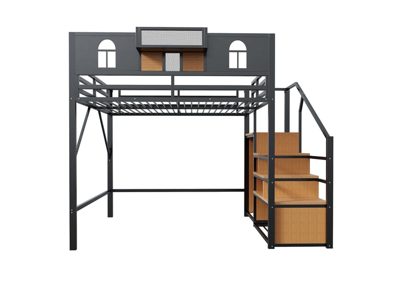 Lit mezzanine 140x200 cm – noir – mezzanine avec escalier de rangement et étagère intégrée, sans matelas - Conforama E