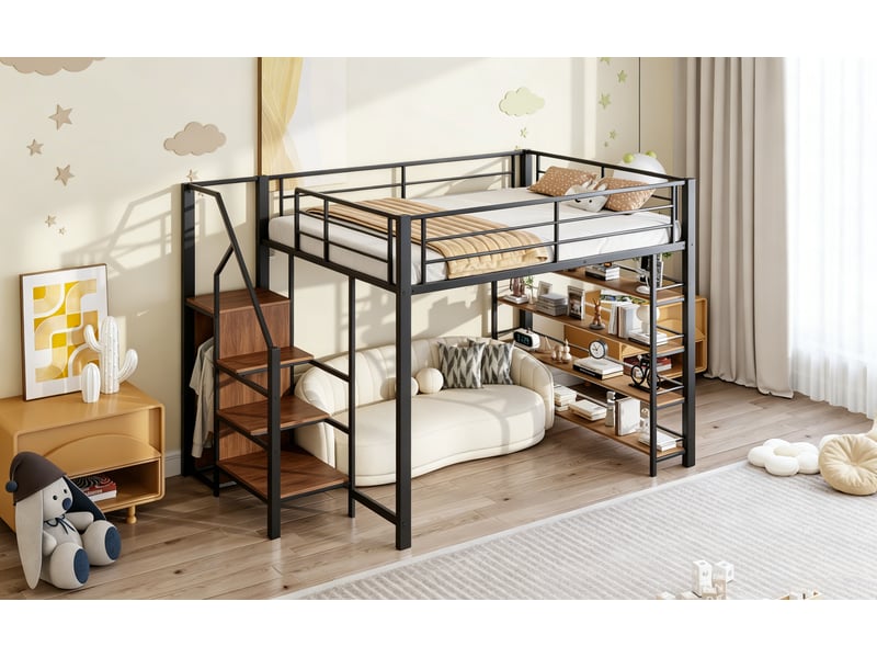  Lit mezzanine 2 places 200×140 cm avec escalier de rangement et étagères - okmyhome- noir, sans matelas  - Conforama E