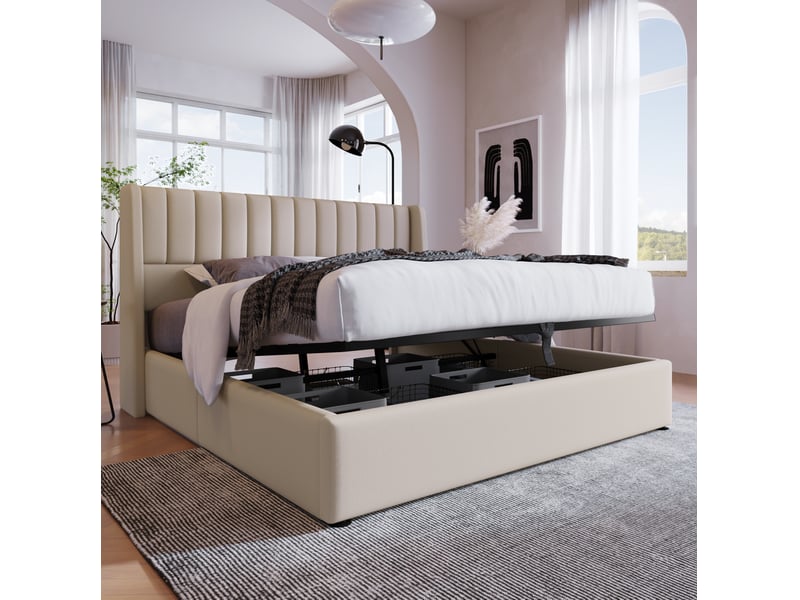  Lit coffre hydraulique 180 x 200 cm en lin beige  - Conforama D
