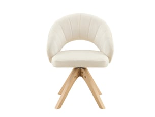2 chaises pivotantes rétro chic — tissu blanc texturé, pieds bois massif, rotation silencieuse 360°, dossier enveloppant