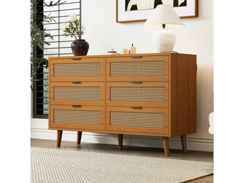 Commode 6 tiroirs avec rangement pour chambre en panneaux de particules 120×40×76,5 cm noyer  - Conforama C