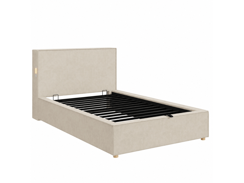  Lit simple enfant coffre 90x200 cm beige chenille, sommier à lattes inclus, ouverture hydraulique  - Conforama D