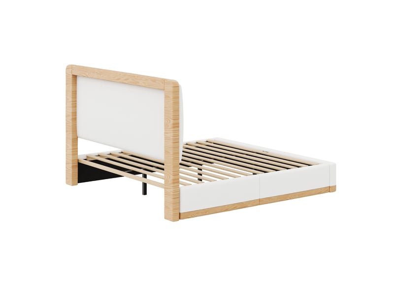Lit rembourré 180x200 cm en tissu teddy, tête de lit matelassée avec coutures décoratives, cadre mdf et sommier à lattes, style naturel blanc et bois - Conforama E