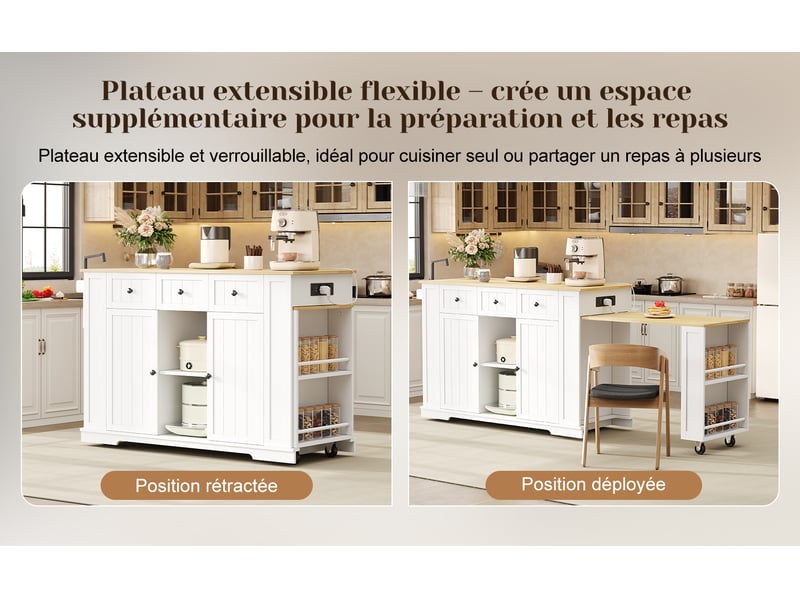  Îlot de cuisine mobile blanc et bois naturel en mdf, table extensible, prise intégrée, roulettes, 138 (213) × 55 × 93 cm  - Conforama E