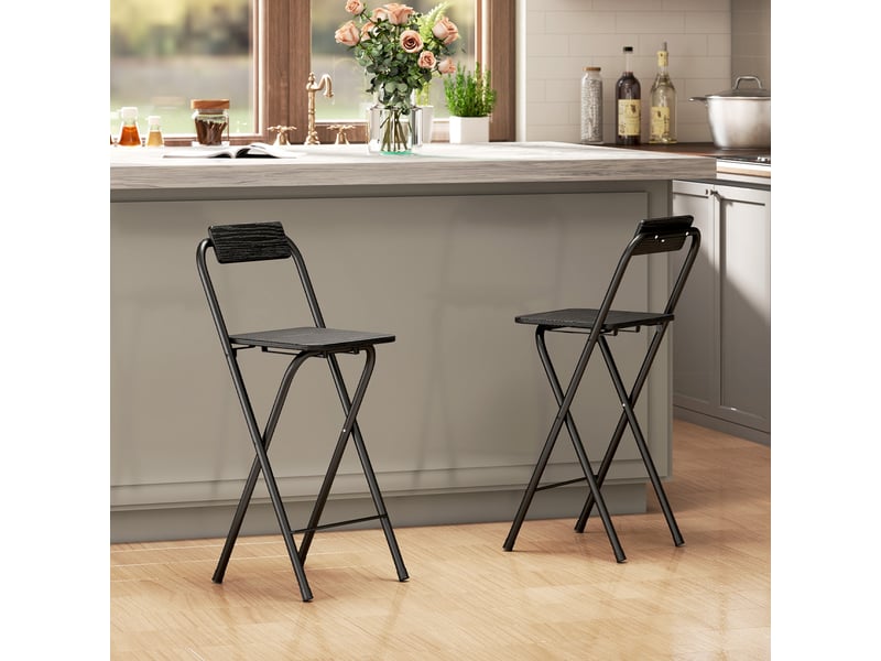  Lot de 2 tabourets de bar pliants avec repose-pieds, en bois et acier, 37 x 45 x 87 cm, noir  - Conforama D