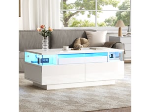 Table basse blanche brillante 90x45 cm avec led et 2 tiroirs