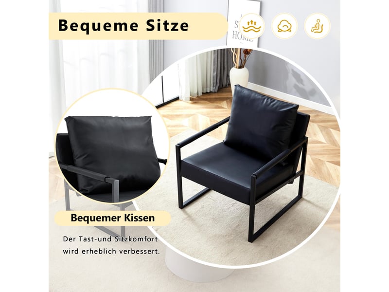  Fauteuil de lecture moderne 68.5x75.4x78cm - avec piétement en métal noir  – canapé individuel pour salon, chambre et bureau – cuir - noir  - Conforama E