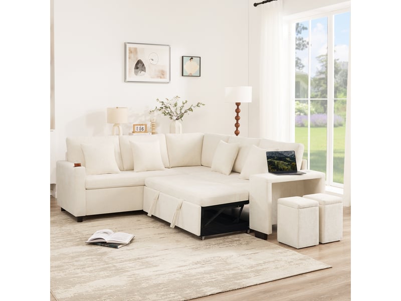  Canapé d'angle, canapé convertible – avec rangement, porte-gobelets, beige, coussins inclus, avec accoudoirs, port usb  - Conforama D