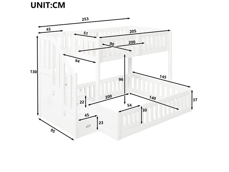  Lit superposé, 90x200 et 140x200 cm, avec barrières de sécurité pour les couchages supérieur et inférieur, escalier avec rangements, blanc  - Conforama C
