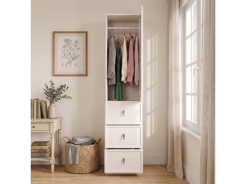  Armoire penderie étroite blanche 45x48x200 cm avec éclairage led, 1 porte en verre cannelé et 3 tiroirs  - Conforama R