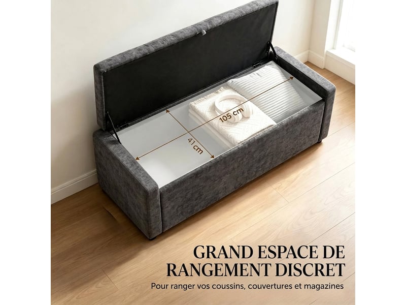  Banc de rangement gris foncé 122 cm en lin, coffre bout de lit  - Conforama D