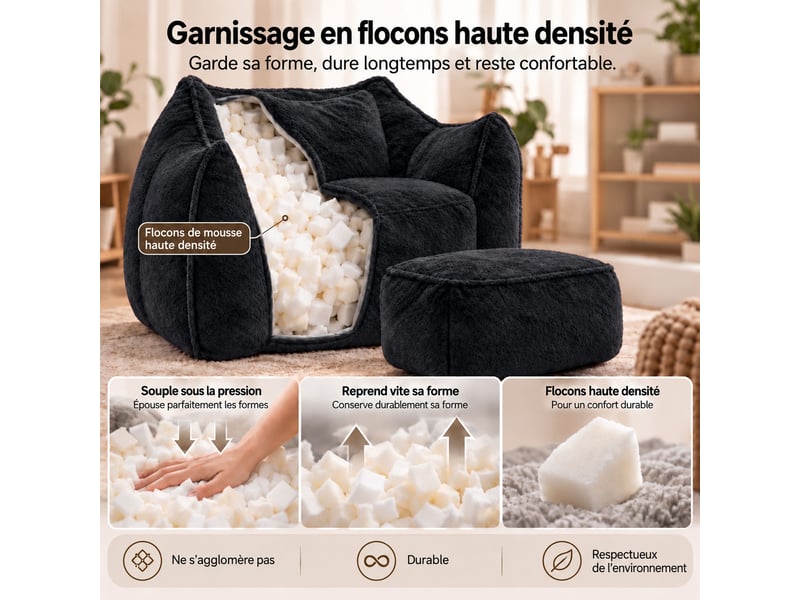 Fauteuil pouf paresseux en fausse fourrure avec repose-pied, sans montage, mousse déchiquetée haute densité, ergonomique,noir - Conforama C