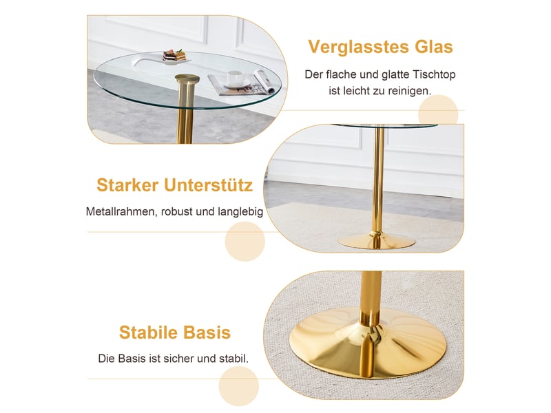  Ensemble table de bar avec 2 tabourets transparents, table haute ronde en verre de 89 cm, structure dorée avec repose-pieds  - Conforama D