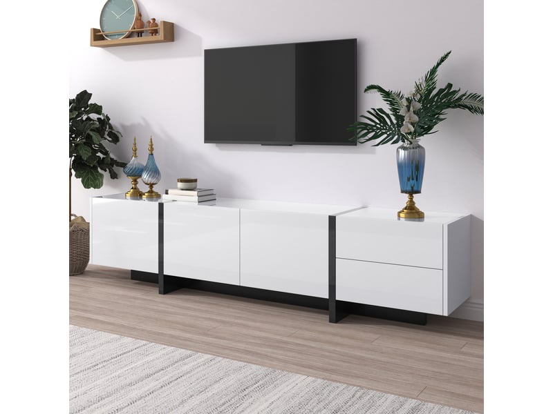  Meuble tv avec 3 portes et 2 tiroirs, 190 x 35 x 45 cm, finition brillante et tablettes intérieures, panneaux de particules, blanc Morn Vibe - Conforama D