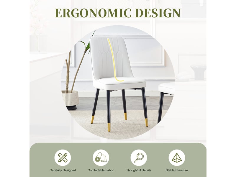  Lot de 2 chaises de salle à manger modernes en similicuir pu blanc, dossier rembourré ergonomique, pieds en métal noir, charge 120 kg  - Conforama E