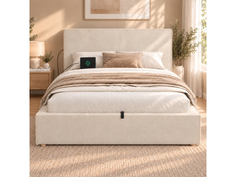  Lit coffre 120 x 200 cm beige en tissu chenille, rembourré avec sommier à lattes, sans matelas  - Conforama B
