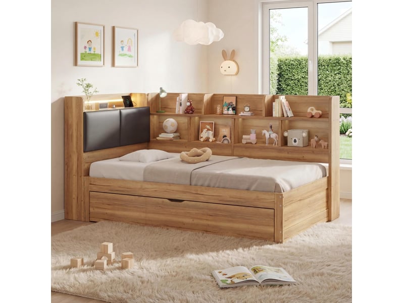  Lit enfant 90 × 200 cm avec lit gigogne, rangements, éclairage led, ports usb et sommier à lattes en mdf naturel  - Conforama E