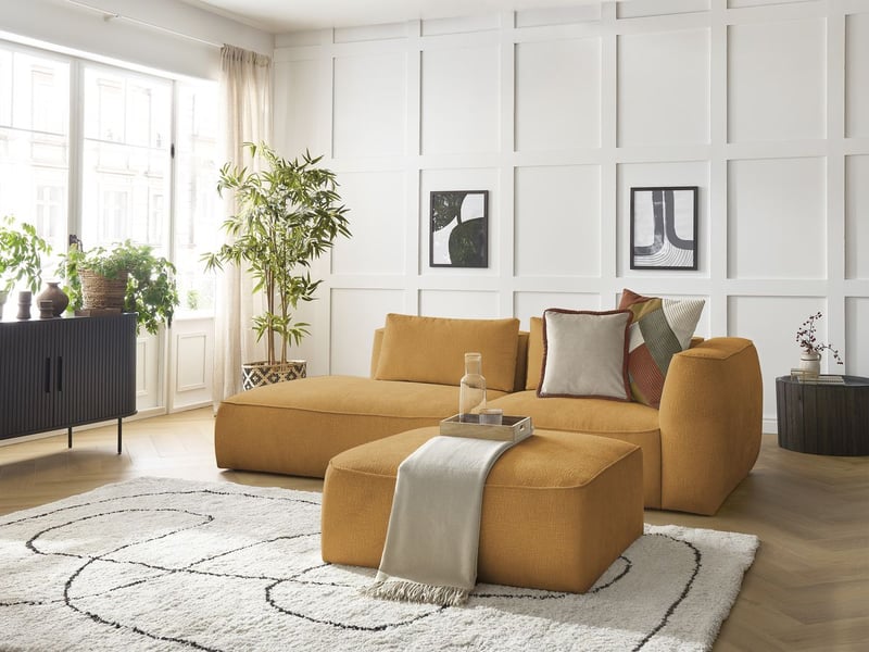  Bobochic canapé droit fixe 3 places leopold tissu texturé avec pouf jaune  accoudoir droit LEOPOLD - Conforama B