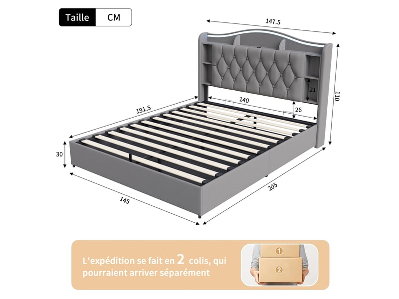Kefsr lit coffre 140x190 cm en velours gris - lit adulte 2 places avec sommier relevable, éclairage led rgb, tête de lit avec rangement et prise usb charge sans fil - Conforama C