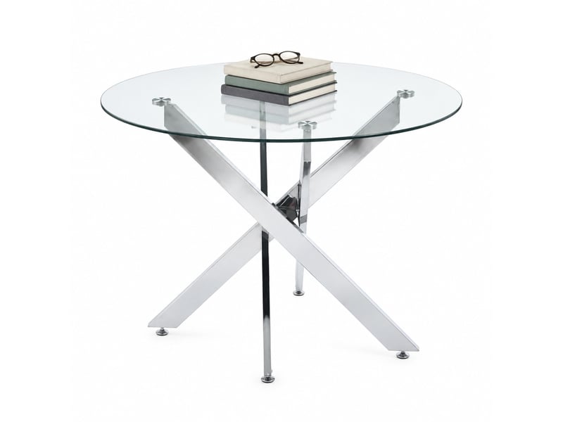  Table de salle à manger avec plateau en verre et pieds en métal pour cuisine, finition argentée  - Conforama A
