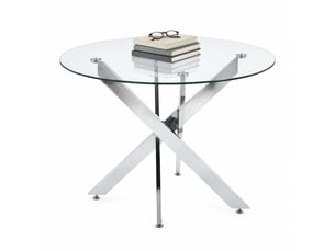 Table de salle à manger avec plateau en verre et pieds en métal pour cuisine, finition argentée