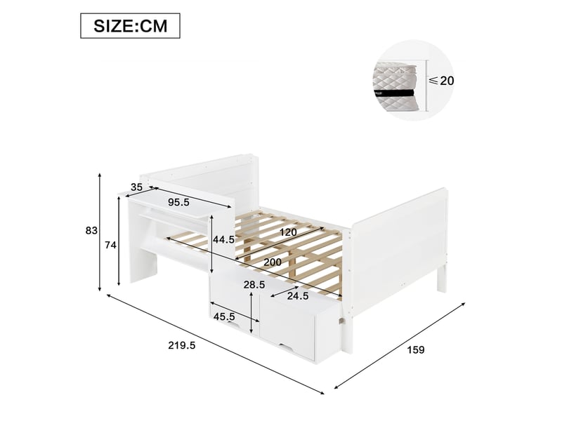  Lit combiné 120x200 cm blanc en bois avec bureau et rangements réversibles, idéal pour chambre ado, sans matelas  - Conforama C