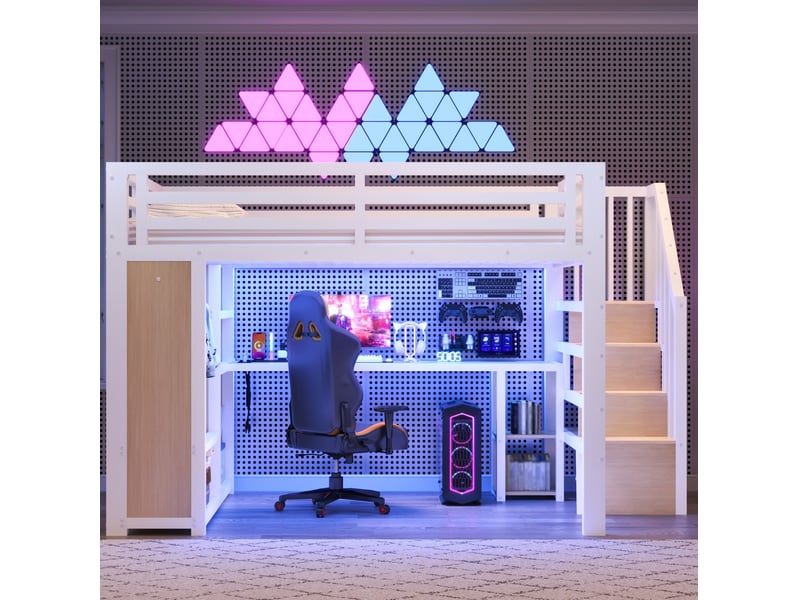  Lit mezzanine 140 × 200 cm en métal avec bureau, penderie ouverte, led, escalier de rangement blanc  - Conforama D