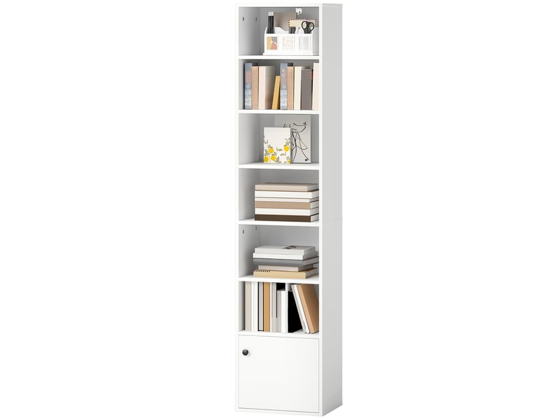  Bibliothèque à 7 niveaux, style moderne, avec étagères ouvertes et porte, 40 x 30 x 180 cm, blanche  - Conforama B