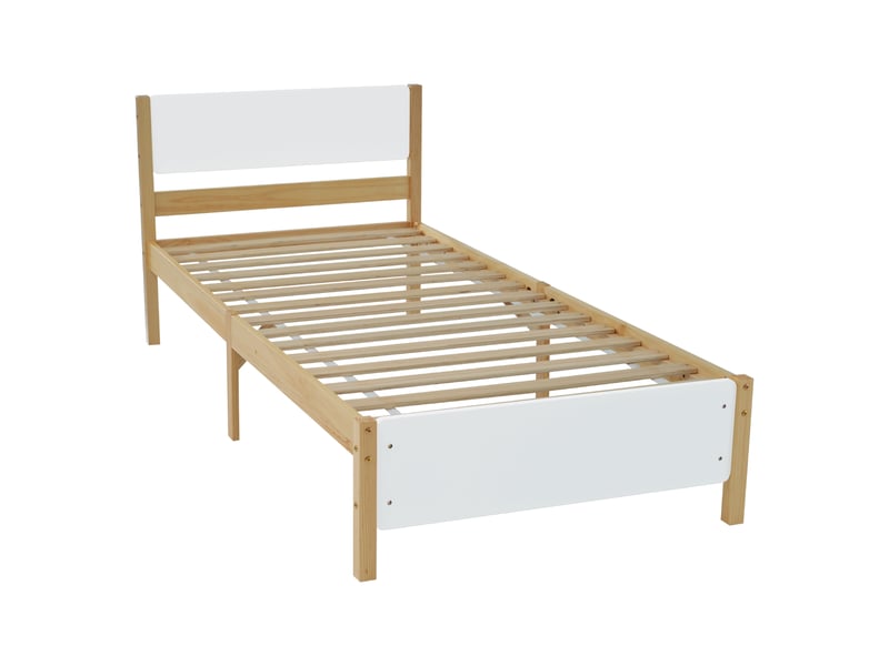  Lit simple 90x200 cm avec sommier et pied central robuste, pin et mdf, blanc et couleur naturelle, sans matelas  - Conforama A