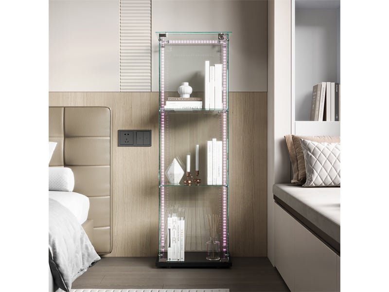 Vitrine en verre 123.3x39.8x35cm - vitrine 1 porte 3 niveaux avec led et base noire - meuble de présentation - noir - Conforama D