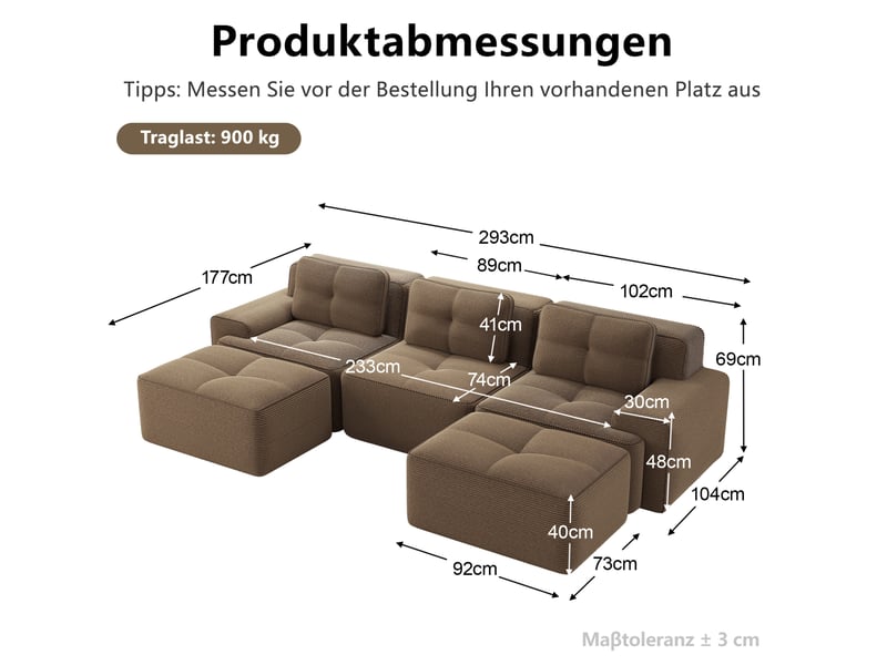  Canapé modulable en u ulevr 3 places avec ottomans, velours côtelé marron, sans montage, 293 x 177 x 69 cm  - Conforama C