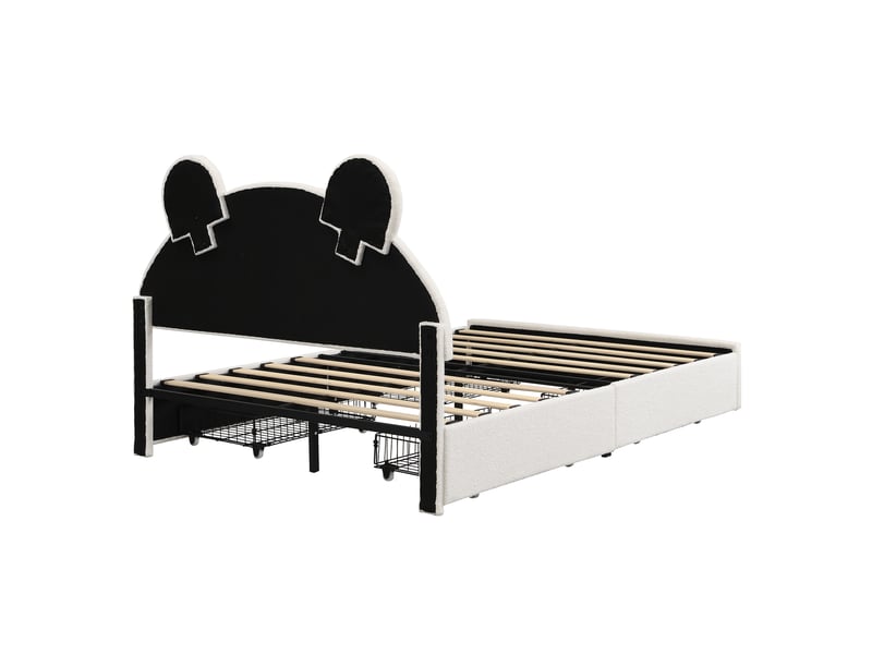  Lit enfant 140×200 cm avec tête de lit ours, 4 tiroirs et led pilotée par application, velours beige sans matelas  - Conforama D