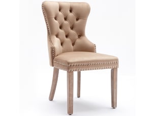 Lot de 4 chaises de salle à manger velours brun, pieds bois massif, clous décoratifs, poignée au dossier, style chic