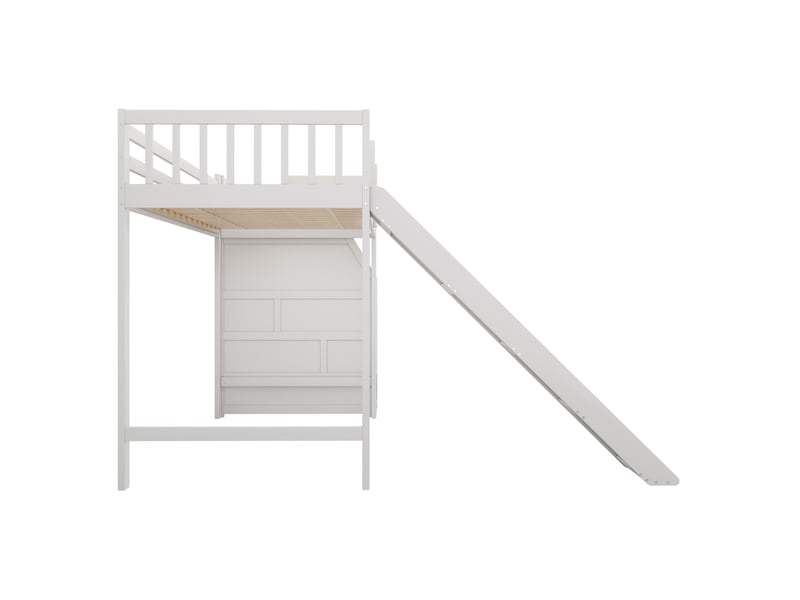 Lit mezzanine en bois et mdf, lit simple 90x200 cm avec toboggan et escalier de rangement, sans matelas, blanc  - Conforama E